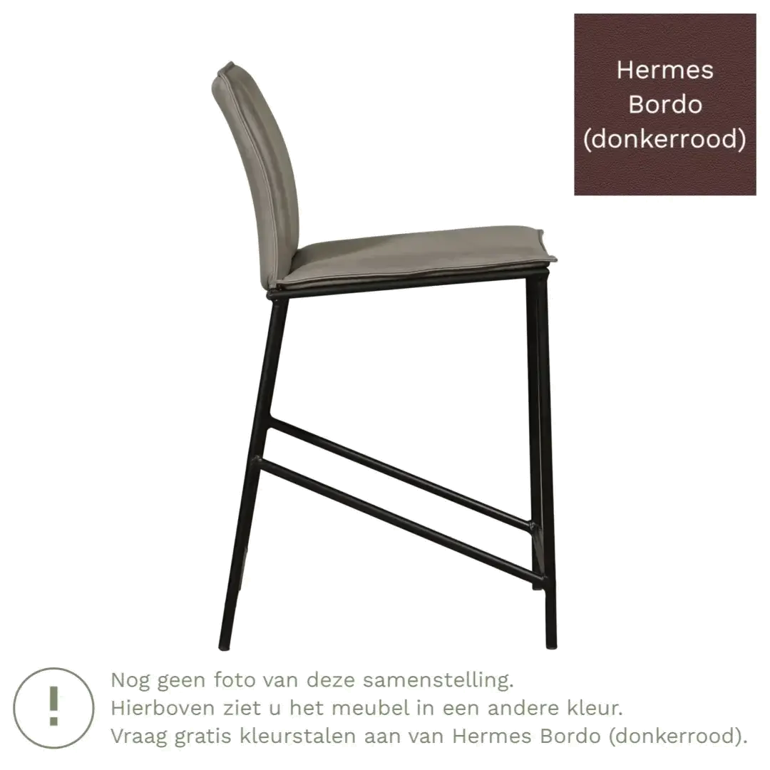 afbeelding van Leren barkruk laag Favor - Hermes Bordo (donkerrood) - poten staal rond zwart